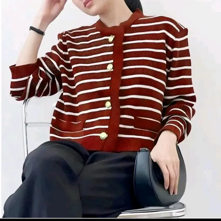 Cardigan Jiso Setrip Lengan Panjang Model Korea Kancing Tebal - Motif Garis