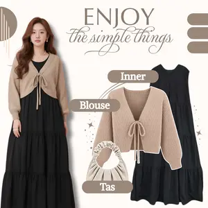 Outfit Remaja Kekinian 3 In 1 ll Blouse Rajut Inner Dress Shoulder Bag ll OOTD Korean Style  - GO293