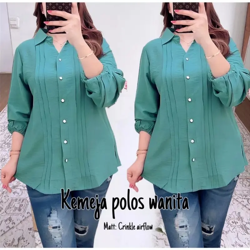 Kemeja Atasan Wanita Opnaisel Cringkel Airflow Polos Kasual - Panjang 8