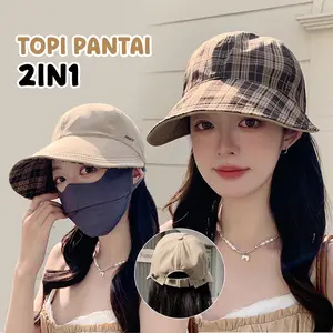 Topi Pantai Wanita Anti Panas Matahari 2in1 Bolak Balik Motif Kotak Fashion Outdoor PTAF