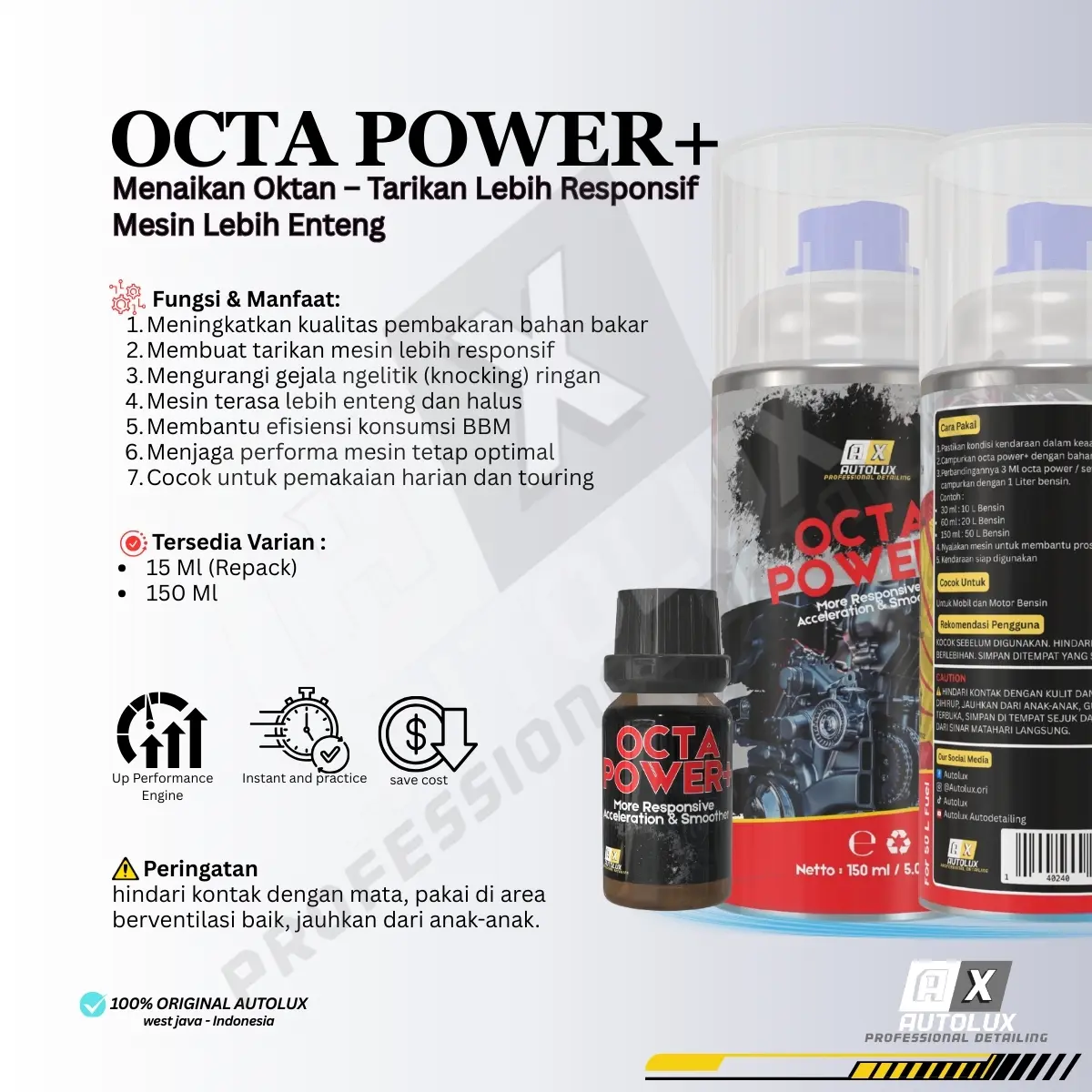 Octa Power+ Penambah Kadar Oktan Untuk Mobil dan Motor Bensin Tarikan Responsif Mesin Lebih Enteng
