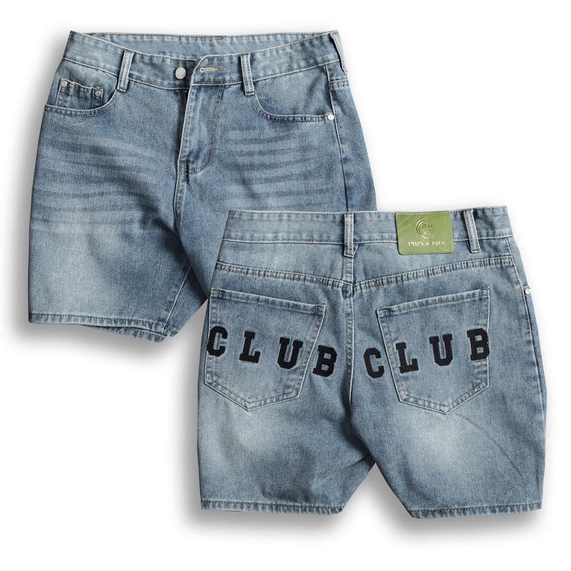 Quần short Jeans dáng suông unisex nam nữ thêu chữ CLUB Menswear Xanh