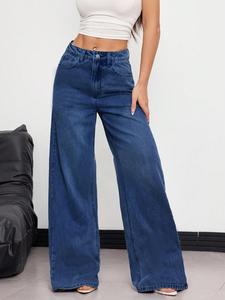 Jeans Recto para Mujer Corte Curvo Regular Fit Cintura Alta Elástica Lavado Claro Algodón Casual Primavera Otoño Unicolor vaqueras mujer outfit