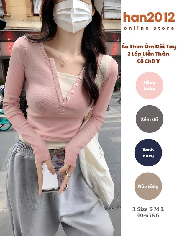 Áo Thun nữ dài tay 2 lớp liền thân, len tăm cổ V sâu may liền, thiết kế nút lệch cá tính, layer Hàn Quốc ôm body, hợp đi làm đi học đi chơi