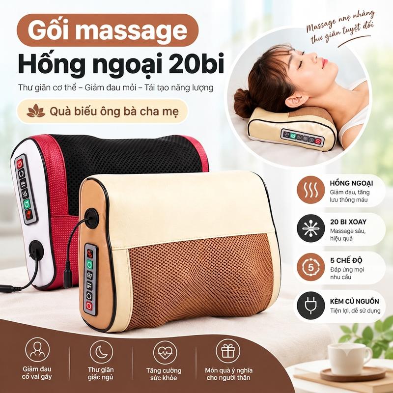 Gối Massage Hồng Ngoại 20 Bi Cao Cấp Mát-xa Hồng Ngoại Toàn Thân Giảm Đau Nhức Mỏi may massager