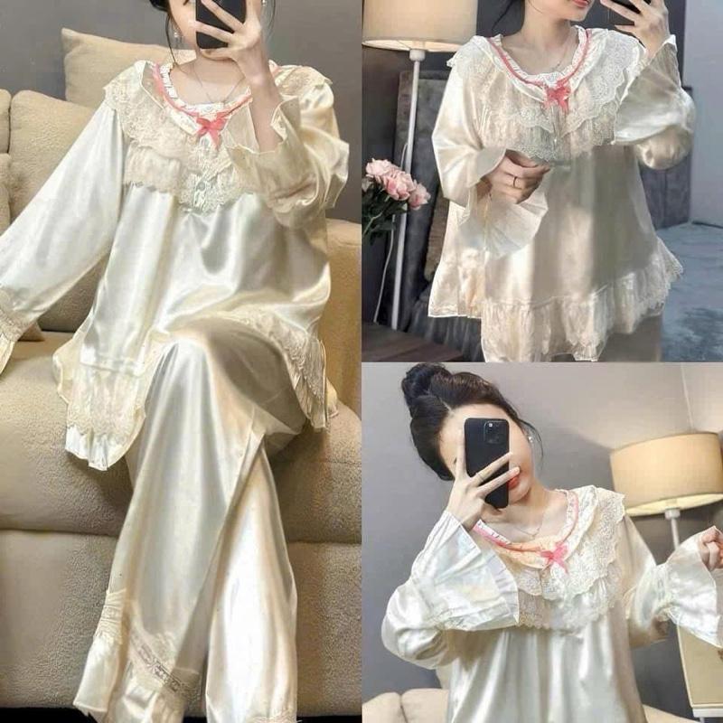 Sét bộ ngủ pijama phong cách bánh bèo tiểu thư chất lụa latin mềm mại siêu xinh freesize 40-60kg cho phụ nữ Women Nữ Quần Ngủ Áo Ngủ Nhung Voi Kem Nho