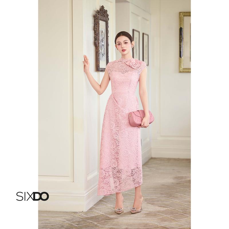  Đầm ren hồng nhún eo lệch SIXDO  Pink Lace Sarong Dress With Flower  