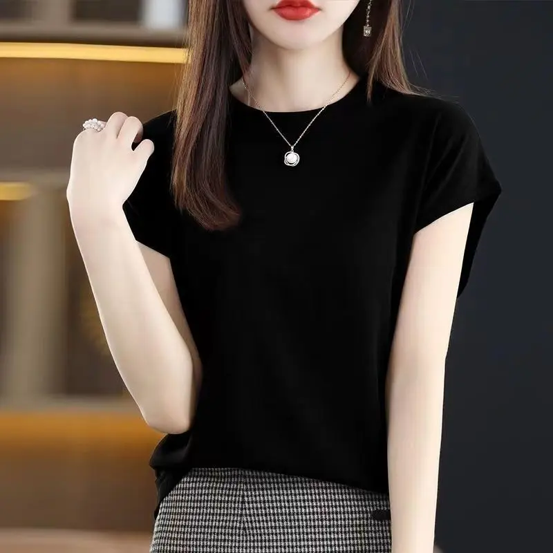 Ice Silk Thread Short Sleeves Summer New Round Neck T-shirt Loose and Versatile Knitted Bottom Top for Women