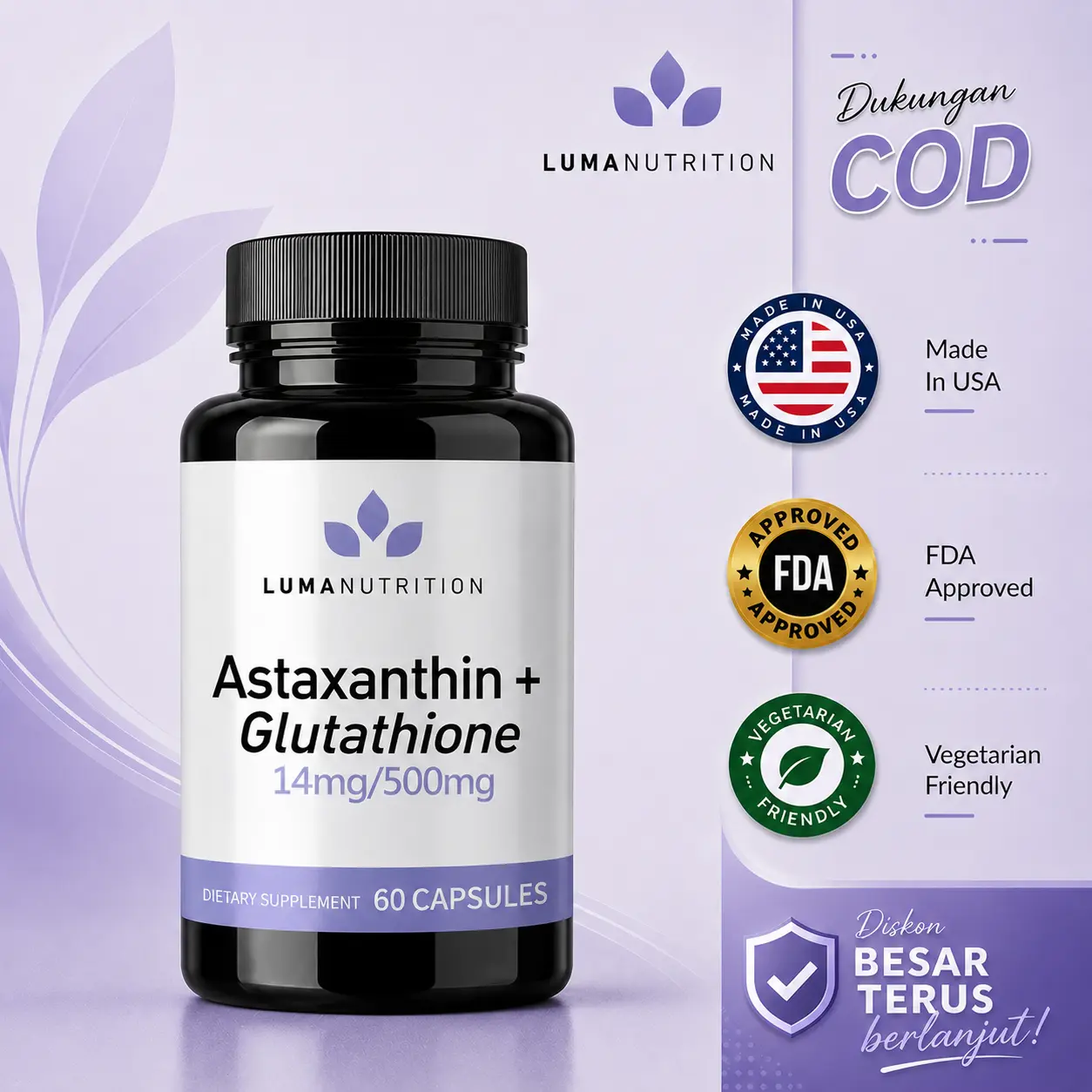 Astaxanthin Glutathione Soft Kapsul 60 Butir Sinergi Ganda Antioksidan Super Untuk Kulit Bercahaya