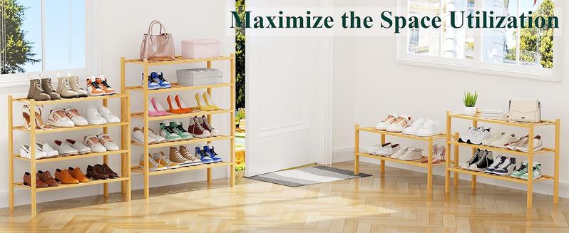 Product Introduction of Shoe Rack, 2/3/4/5/6 Tier Bamboo Shoe Organizer, Stackable Free Standing Wooden Shoe Storage Shelf for Closet, Entryway, Front Door Entrance 6