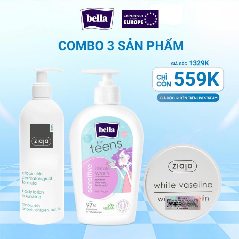 Độc Quyền Live Combo Dung Dịch Vệ Sinh Bella Teens 300ml Nhũ tương Mượt da toàn thân 1% Urê Ziaja Med 400ml và Sáp dưỡng môi 30ml Ziaja