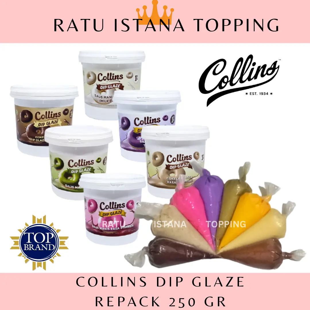 COLLINS DIP GLAZE REPACK 250 GR ALL VARIAN TOPPING DONAT LUMER
