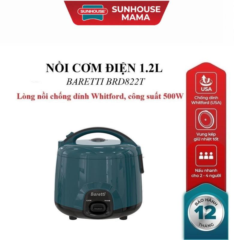NỒI CƠM ĐIỆN 1.2L BARETTI BRD822T, Chống dính Whitford Hoa Kỳ, Công suất 500W, bảo hành Sunhouse 12 tháng