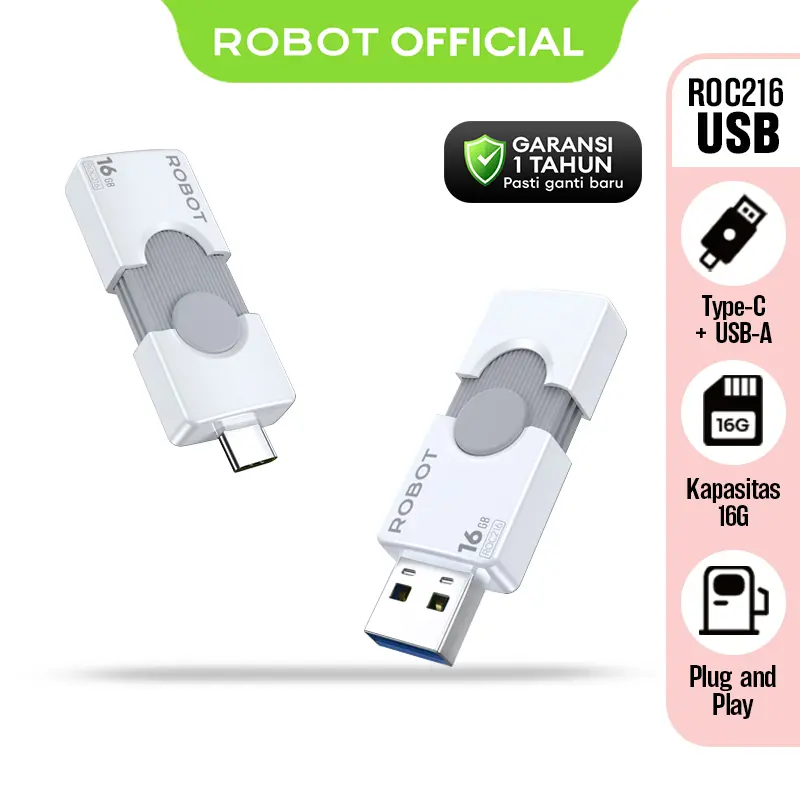 ROBOT Flash Drives Data Storage Dual Interface ROC216/ROC232/ROC264 Type-C & USB-A 3.2 Plug and Play Kapasitas Storage 16GB/32GB/64GB - Garansi 1 Tahun - Bisa COD