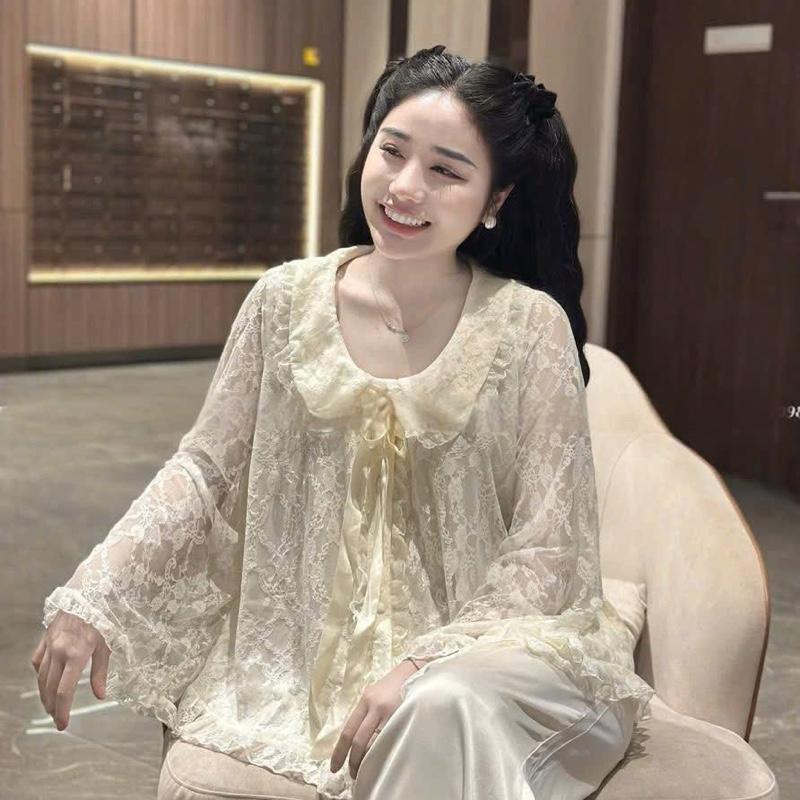 Đồ Bộ Ngủ Nữ Chất Lụa Latin Mềm Mịn Dài Tay Phối Ren Free size 40 - 60kg