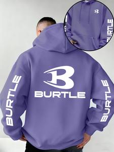 メンズ フード付きスウェットシャツ、Burtle文字プリント、ソフトな伸縮性のあるニット生地、カジュアルでフィット感の良いデザイン、オールシーズン着用可能、遊び心のあるスタイル、若者向けの必須アイテム