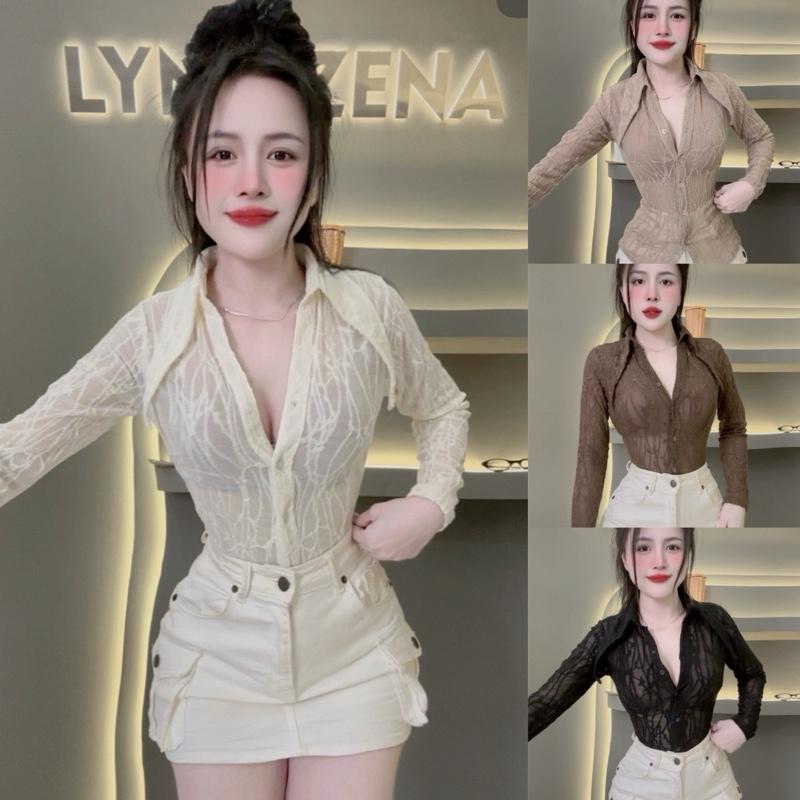 Áo Thiết kế sơ mi lưới nhũ mềm 1 lớp ôm phom đẹp nhà Lynh Zena _A9096