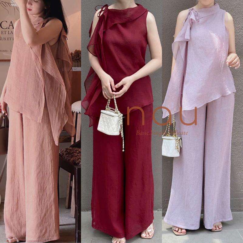  Set Voan Thô Áo Lệch Vai Quần Ống Rộng 