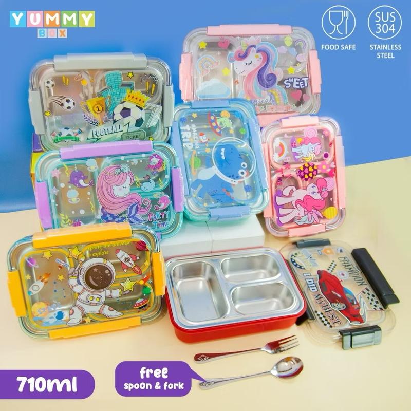 Kiddikiddo Set LUNCHBOX STAINLESS Steel YUMMY BOX SANRIO / KOTAK MAKAN Plastik /BOX BENTO/KOTAK BENTO STAINLESS SANRIO KUROMI MELODY / 3SEKAT Silicon FREE SENDOK GARPU 1