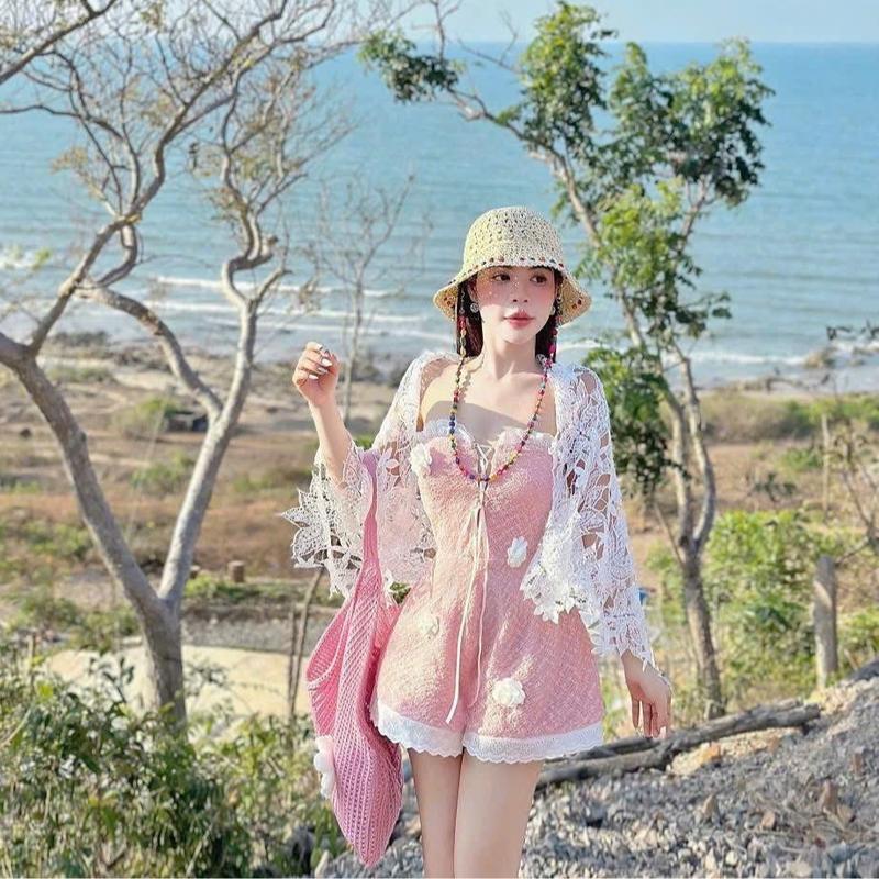 Sét jum đùi nữ cúp ngực đan dây viền ren phối khăn ren đính hoa sang chảnh