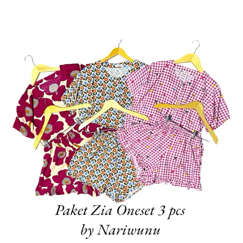 PAKET GROSIR 3 PCS ZIA ONESET PIYAMA KANCING CELANA RUFFLE BAJU TIDUR DAN SANTAI WANITA CANTIK