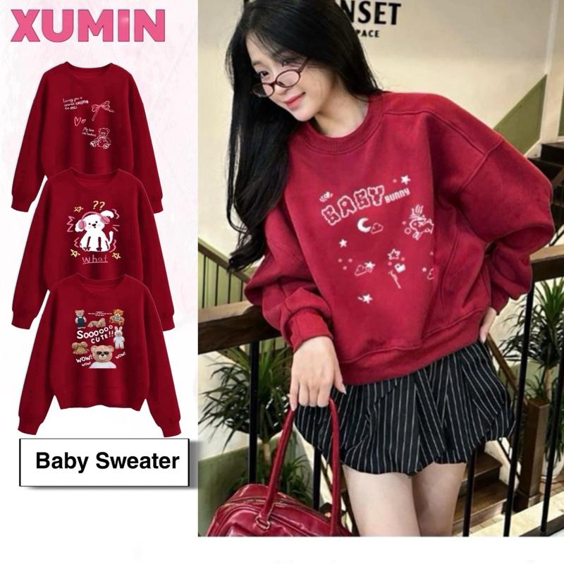Lót Nhung Áo Baby Sweater Xu Min Min - Lót Nỉ Nhung Dáng Ngắn Boxy In Hình Nhiều Phân Loại BST Đỏ Đô Boxy