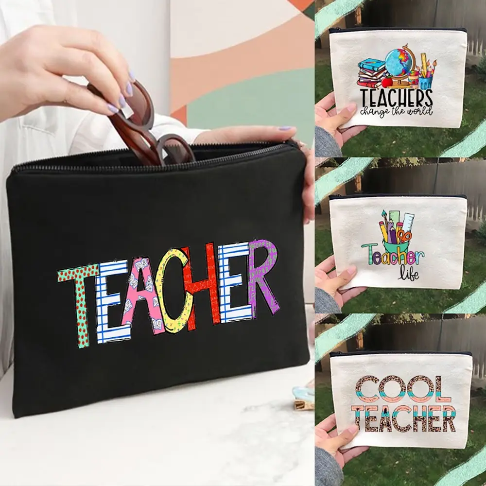 Teacher Life Pattern Printed Canvas Storage Bag Makeup Bag Bag Teacher  Travel Makeup Bag Teacher's Day Gift