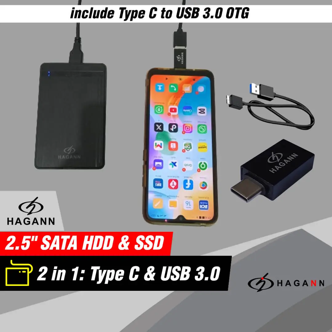HAGANN HDA-E31 Case Hardisk External Type C USB 3.0 | HDD SSD Enclosure 2.5" | Casing Harddisk dan SSD SATA – Garansi 1 Tahun