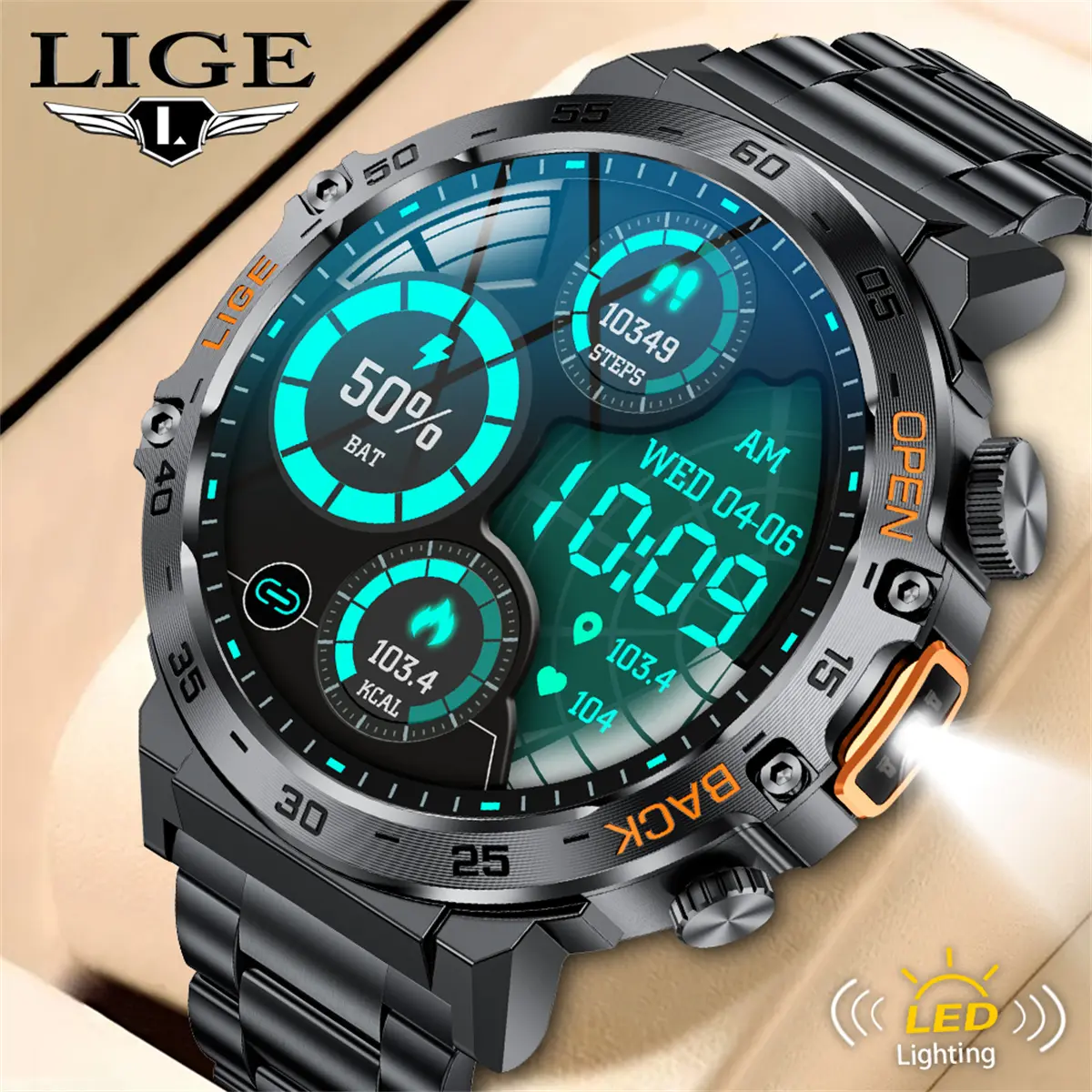 LIGE 2024 Jam Tangan Pintar dengan Senter Layar HD 1.53 "Jam Tangan Pintar Pria Panggilan Nirkabel Tahan Air Luar Ruangan Olahraga Kebugaran Smart Watch