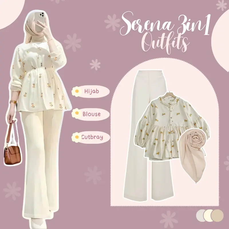 Setelan One Set Wanita 3in1 [ Atasan Blouse Bunga + Celana Cutbray + Hijab Segi Empat ] Baju Remaja LM055 0