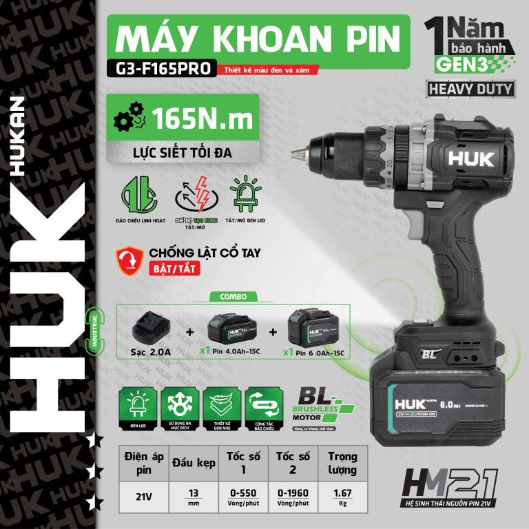 Hukan Máy Khoan Pin GEN3 G3-165PRO 13mm 21V Lực Siết 165N Tính Năng Antikitback Tạo Xung Bảo Hành 12 Tháng