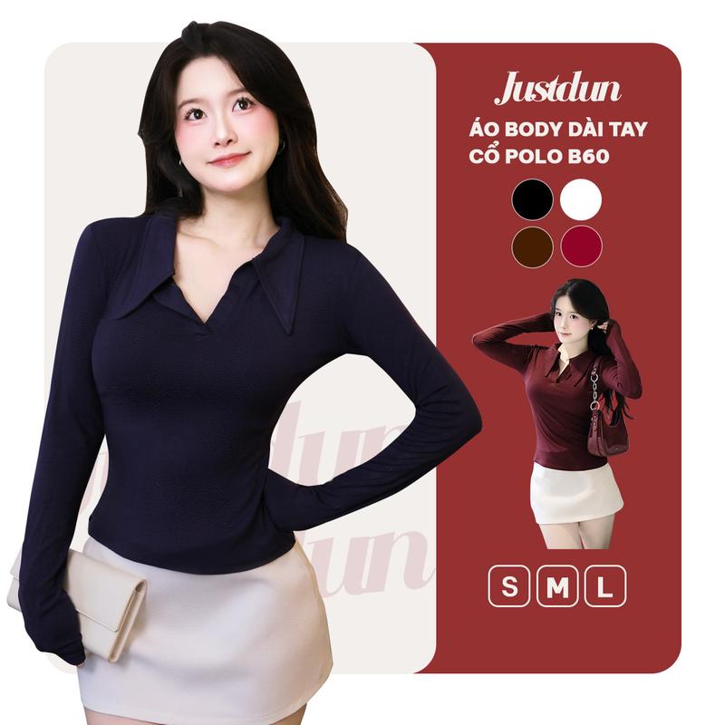 Áo Thun Polo Cổ Sơ Mi Ôm Body Nữ JUSTDUN B60 - Dài Tay Cotton Mịn Mềm Mại Co Giãn 4 Chiều