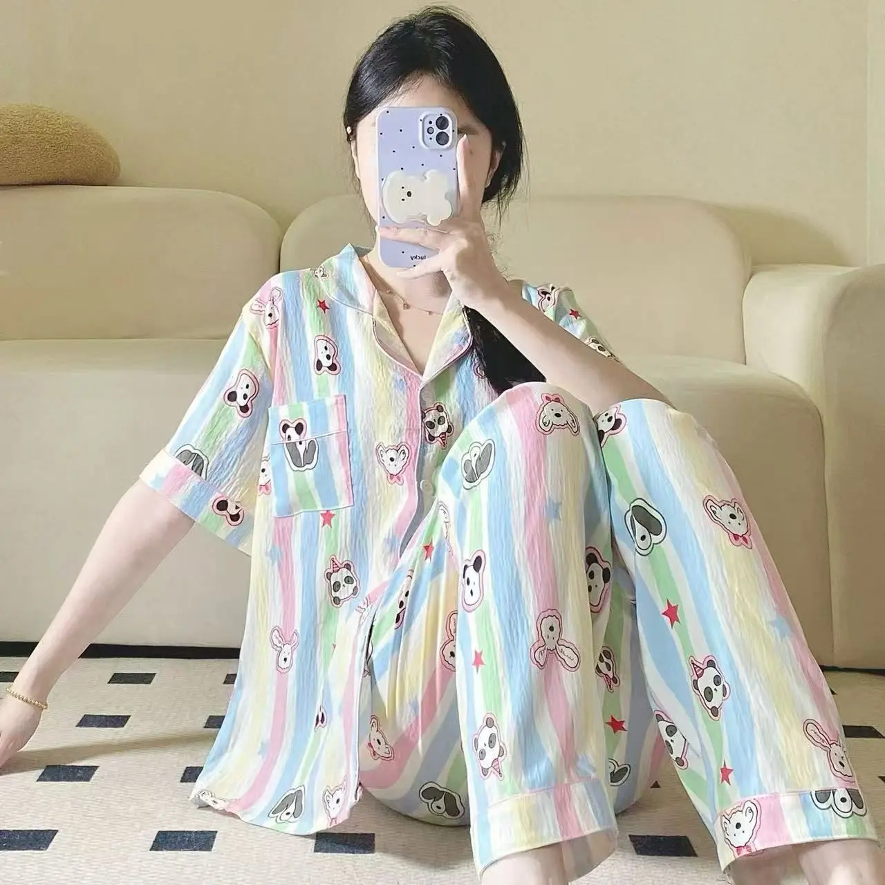 Setelan Piyama Baju Tidur Wanita Dewasa Lengan Pendek Celana Panjang Cp Kancing Crinkle Rayon Premium