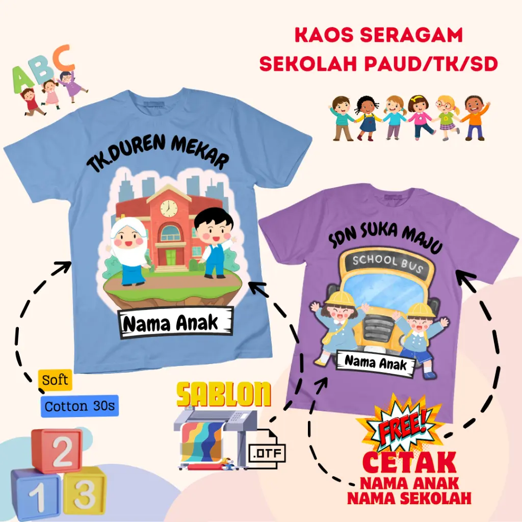 Kaos Custom Seragam Anak TK Paud Bimba Gratis Cetak Nama | Baju Atasan Anak Couple Terbaru Lengan Pendek  Laki-laki dan Perempuan Usia 2 Sampai 16 Tahun | Tshirt Seragam Sekolah Kelas TK SD Couple Combed 30s | Pakaian Anak Banyak Motif dan karakter Murah