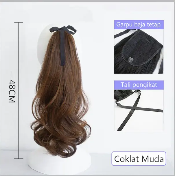 Aksesoris Hair Clip Hairclip Wig Wik Ponytail Korean 38cm 48cm 58 cm Rambut Palsu Sambung Warna Anak Perempuan Wanita Curly Cokelat Muda Cokelat Tua Hitam Black Extension 6