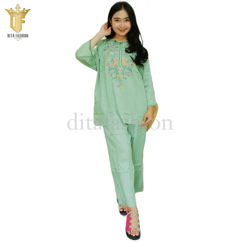 Daster Bordir Oneset Setelan Lengan Panjang Jumbo Busui Friendly Katun Rayon Premium Wanita Lembut Nyaman Piyama Santai Tidur Baju Celana baju  tidur 4