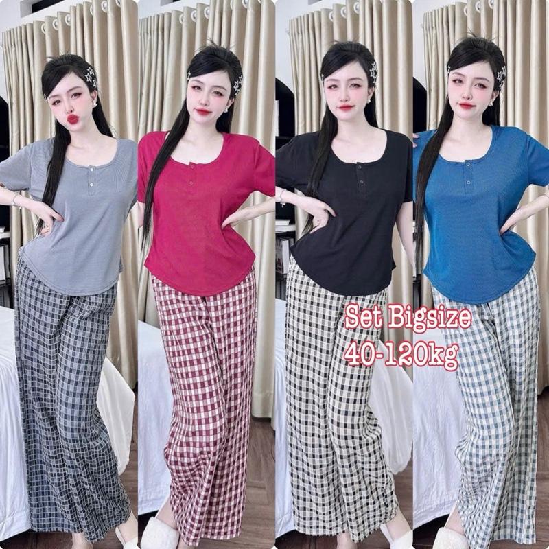   Ưu Đãi Độc Quyền TTS  - Set Bộ Dài Bigsize Nữ Áo Thun Cổ Tròn Khóa Nút Phối Quần Dài Vải Sọc Caro Nhung Mịn Mát Dễ Thương Cao Cấp Xinh Đẹp Sang Trọng  50-95kg Áo Top Cotton Màu Nâu Sen Màu Đen Set Đồ Nữ đẹp Set Áo  Bộ Suit Nữ Sang Chảnh Bigsize - 2506 