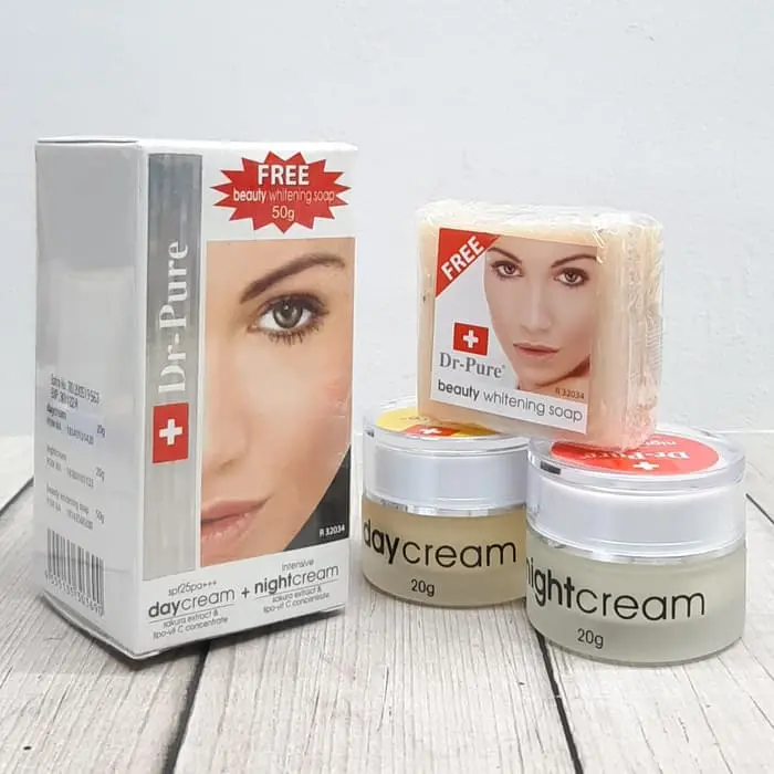 Dr Pure Paket Face Whitening Cream Set isi Day Cream, Night Cream, Soap Original