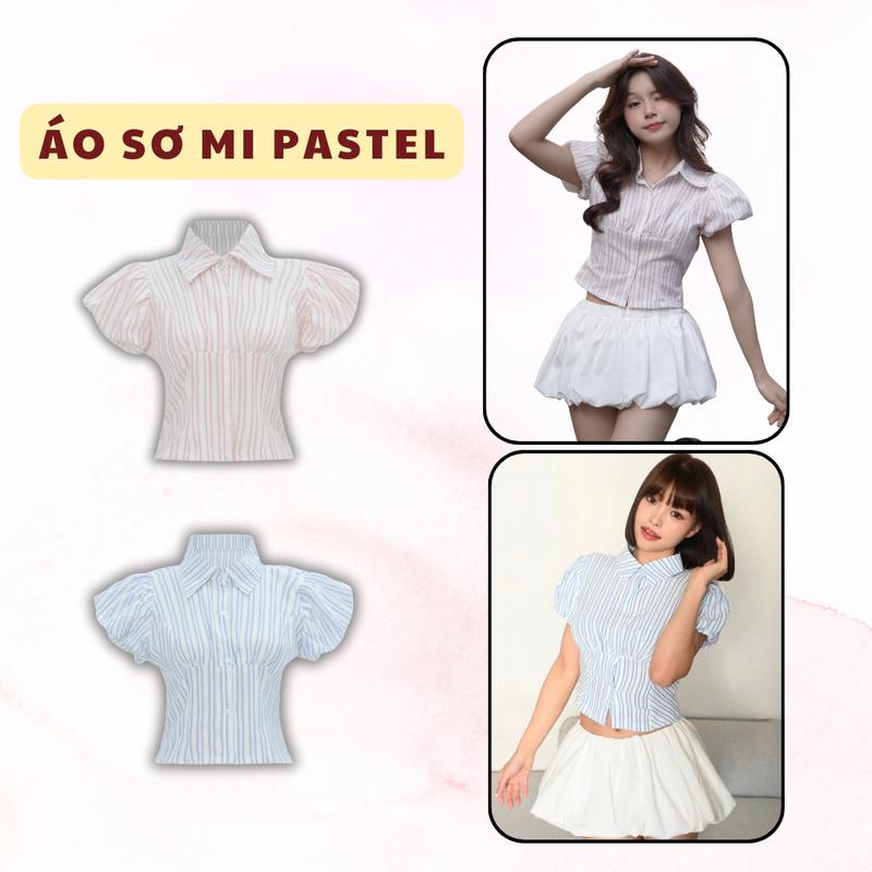  Áo Sơ Mi Sọc Pastel SAIGONESE cột dây Tay Phồng Chuẩn Dáng Nữ 