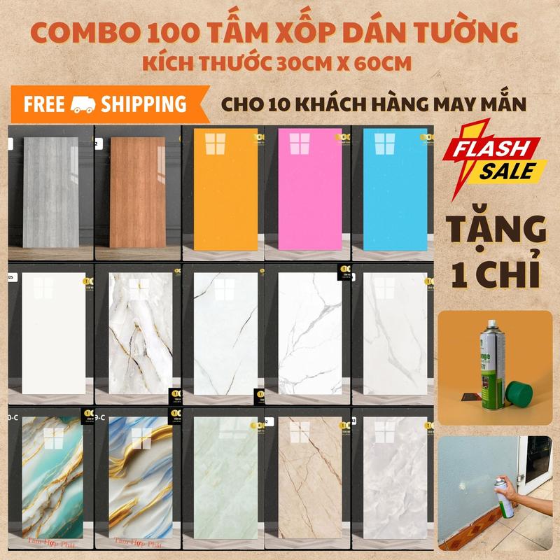 Combo 100 Miếng Dán Tường Phủ PVC Tráng Nhôm Kích Thước 60 x30cm Decor Phòng , Tuỳ Chọn Nhiều Mẫu