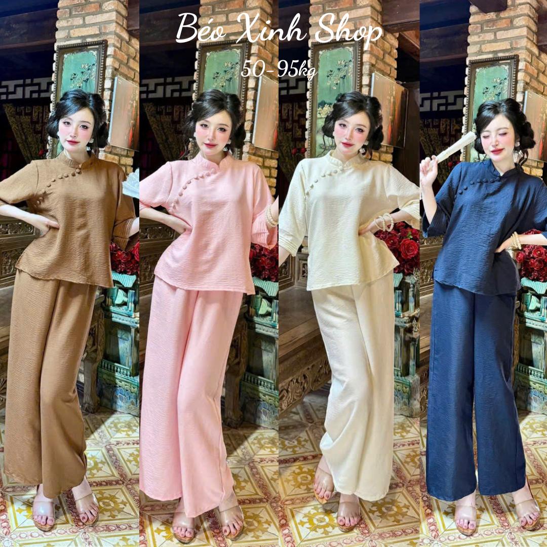 Set Đồ Lam Bigsize Nữ Pháp Phục Đi Lễ Chùa Áo Tay Lửng Cổ Tàu Nút Bọc Kèm Quần Đũi Cao Cấp Xinh Đẹp Thanh Lịch Bigsize 50-95kg –  A.1652