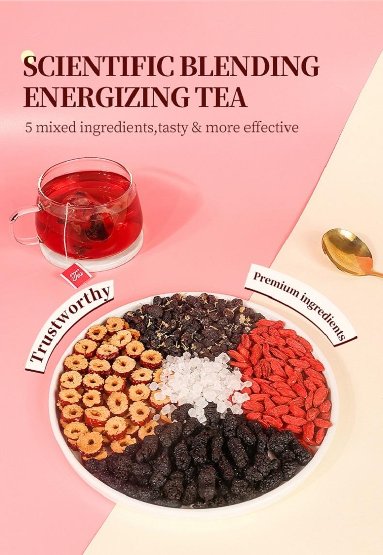 Teh Murbei Goji Hitam & Kurma Merah - Teh Herbal Penambah Tenaga Alami, Bantu Atasi Capek, Lelah & Kurang Stamina Karena Begadang atau Kerja Keras, 100% Bahan Premium, Praktis 1 Paket Langsung Seduh!