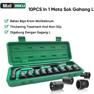 ISKU Kunci Sock Cr-Mo Set 10 pcs GaGang Sock L Mata Sock Material CR-MO Box Plastik Tebal Ukuran 29x9x4cm Size 8mm-24mm