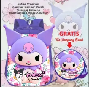 Sanrio Tas Sekolah Kuromi & My Melodi 3-8-2 TK Tas Selempang Lucu Dengan 2 Ruang Luas Tempat Botol Minum Bahan Premium Kualitas Gambar Cerah Terdapat 2 Ruang Sambungan Telinga Karakter