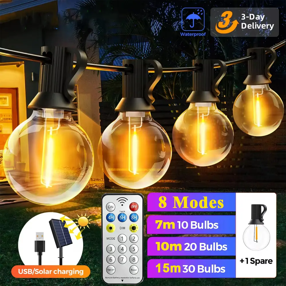 Led Solar Lights Outdoor Solar String Lights with 15m 31 Bulbs and 8 Lighting Modes LED Outdoor Lights for Garden Yard Party Decor