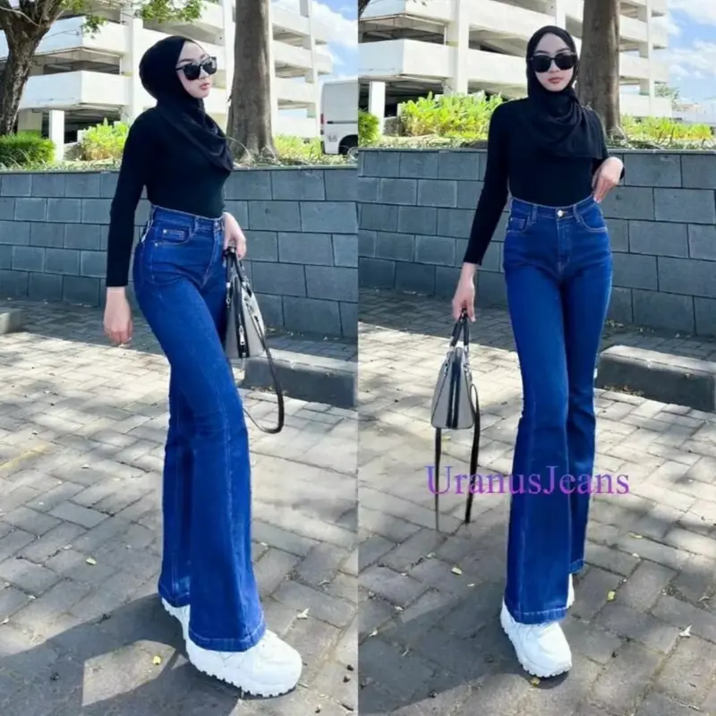 Celana Cutbray Jeans Wanita Import Strech High Panjang Keren Vintage Waist Melar Hitam - Size 27-42 Putih Dark 6