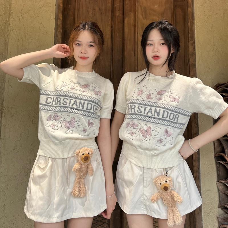 ÁO LEN CỘC TAY THÊU BƯỚM HỒNG