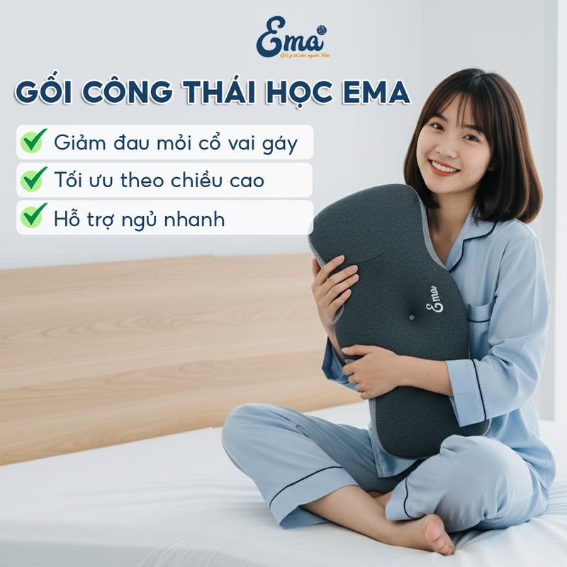  Gối công thái học Ema  - Vỏ vải mát thoáng khí ruột gối chất liệu cao su non êm ái nâng cao chất lượng giấc ngủ 