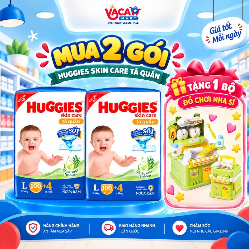 Combo 2 Gói Tã Bỉm QUẦN Huggies Skincare mẫu mới siêu nhiều miếng đủ size M106/ L104/ XL88/ XXL80 Cho Bé