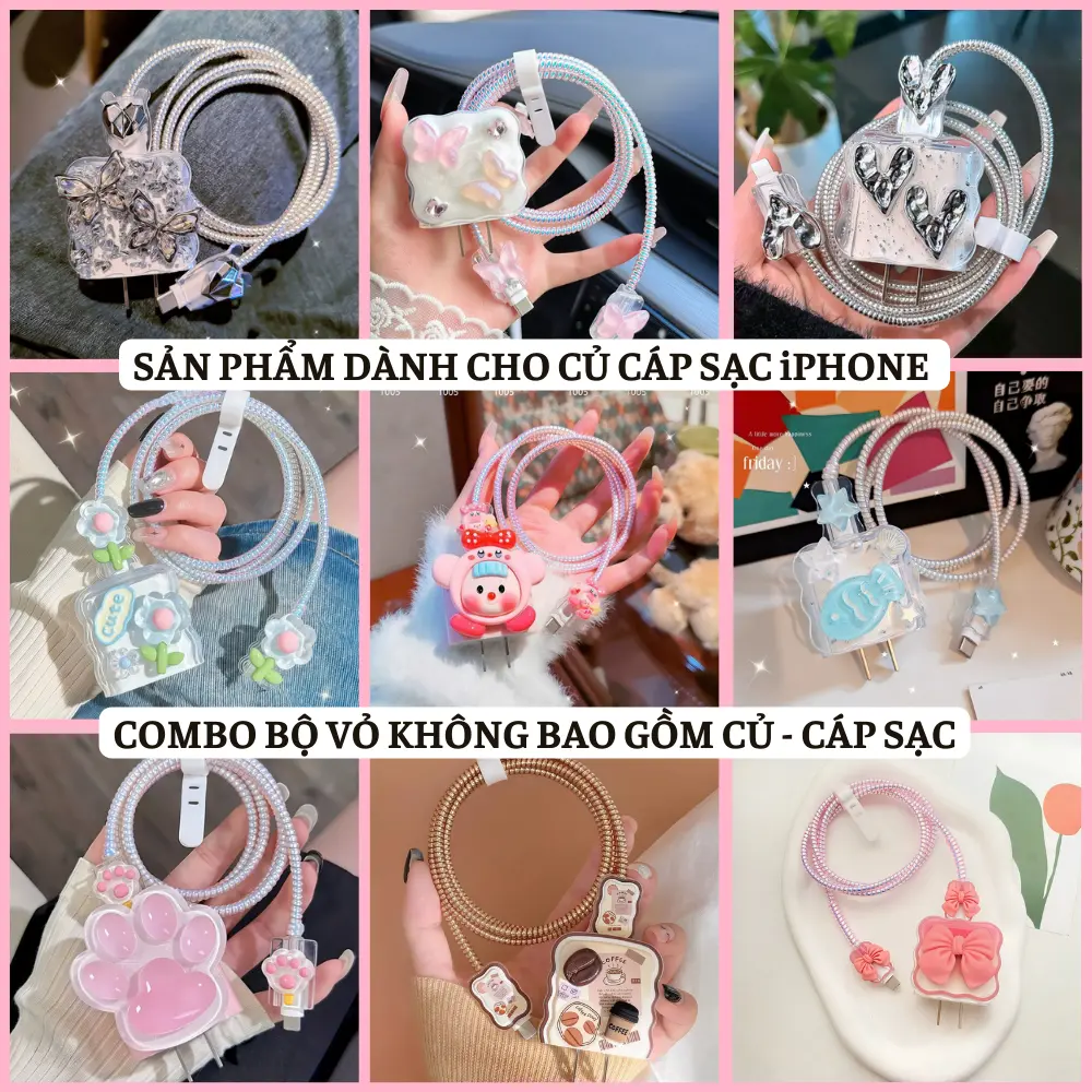 Combo Set 3 phụ kiện bọc củ sạc và bọc dây sac dành cho bộ sạc iphone 18W-20W nhiều hình dễ thương Silicon Usb